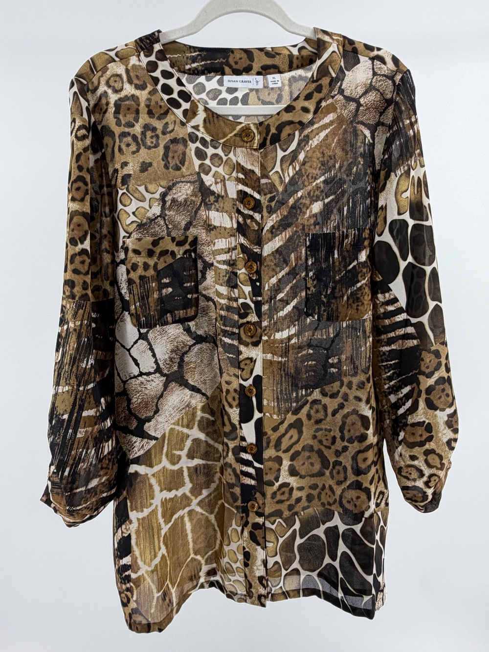 Susan Graver Mixed Animal Print Button-Down Semi Sheer Blouse Top, Women's XL